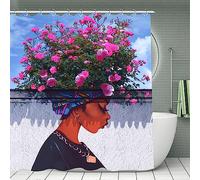 African Woman Shower Curtain Afro Art Pink Rose Women Watercolor Black Girl Design Bathroom Accessories Waterproof,Machine Washable Floral Bathtub Curtains with 12 Hooks 72" W x 72" L-Rose Flower Girl