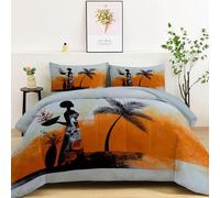 African Women Palm Trees Premium Reversible Duvet Set - Modern Printed Bedding - Soft & Hypoallergenic Coverless Duvet - Stylish Double-Sided Design for Bedroom Decor, 180 x 200 cm, Orange Color