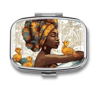 African Women Pill Box 2 Compartment, Portable Pill Case with Mirror for Pocket Purse Travel, Mini Metal Medicine Organizer for Vitamins Fish Oil
