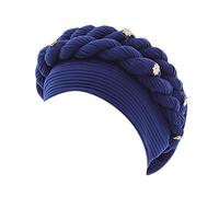 African Women Turban Cap Twisted Braid Head Wraps Bonnet Beanie Headscarf Solid Color Elastic Wrap Cap Blue