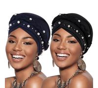 African Women Turban Caps Pre-Tied Twisted Turbans Head Scarf for Women Hair Wraps Cover Beanie Cancer Chemo Headwear, 2 Pack Twisted Braid: Pearls Black, Navy Blue, One Size