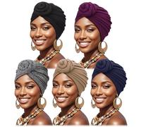 African Women Turban Caps Pre-Tied Twisted Turbans Head Scarf for Women Hair Wraps Cover Beanie Cancer Chemo Headwear, 5 Pack Donut Flower : Black, Tan, Hemp Ash, Purple, Navy, One Size