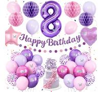 Afritee 8th Birthday Decorations Banner, Purple Pink Balloon Decor for Girl | Cake Topper, Honeycomb Ball, Birthday Decorations, Birthday Party, All into One Set, Perfect for Kids, Cute Design