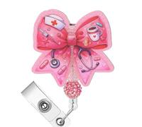 AFRITEE Badge Holder for Nurse - Pink Cute Bow Retractable Badge Reel for Nursing Work Accessory, Acrylic Glitter Badge with Alligator Clip Decoration for Women Medical Assistants LPN MA