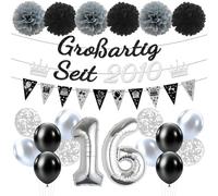 Afritee Decoration 16th Birthday Boy Girl Black Silver Great Since 2010 Garland Banner Balloons Pompoms Set, Happy Birthday Sixteen Black and Silver Party Decoration