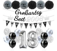 Afritee Decoration 18th Birthday Boy Girl Black Silver Great Since 2008 Garland Banner Balloons Pompoms Set, Happy Birthday Eighteen Black and Silver Party Decoration