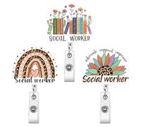 AFRITEE Social Worker Badge Holder - Social Work Badge Reels Accessories, Heart Leopard-Print Rainbow Sunflowers MSW Books Holders, Name Cards Badge Work Office Card Holder with Clip