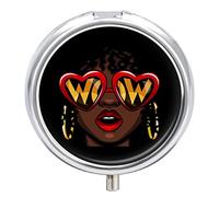 Afro African Black Woman with Sunglasses Iron Pill Box Case Organizer with Internal Separate Plastic Dividers, Travel Small Medicine Bag Holder Carrier Round Container