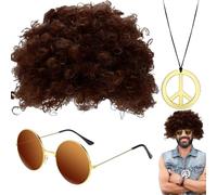 Afro Costume - Funky Disco Wig, Retro Hippie Shades, 70s Style Necklace | Bold Throwback Fashion Set Design, What You Get Vintage Dance Vibe Accessories Nightclub Theme Celebration Wear