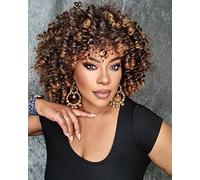 Afro Curly with Bangs Brown Blonde Mixed Kinky Curly Heat Resistant Synthetic Shoulder Length for Women Full for Daily Halloween