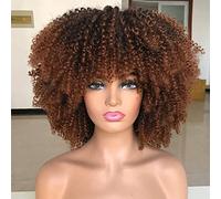 Afro for Black Women Short Kinky Curly Wig Bomb Curly Wigs with Bangs Natural Look Ing Ombre Brown Synthetic Heat Resistant Full Curly Wig