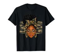 Afro Girl Black Women Messy Bun Camo Melanin Camouflage T-Shirt