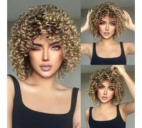 Afro Golden Brown Synthetic Wigs Kinky Curly Bomb Wig with Bangs Short Curly Hair for Black Women Brazilian Heat Resistant-WL1129-1