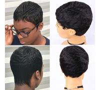 Afro Kinky Curly Human Hair Short Wig, 4 Inch Elf Curls Human Hair Wig, Fully Machine Made Natural Looking Glueless Wig, Women's daily party use.(Black)