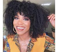 Afro Kinky Curly Human Hair Wig with Bangs for Black Women Short Small Curly Glueless Human Hair Wigs with Fringe 180% Density Machine Made Afro Kinkycurly Wig 12 Inch