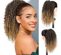 Afro Kinky Curly Ponytail for Women Drawstring Ponytail Synthetic Hair Extension Afro Drawstring Curly Pony tail with Clip in Hairpiece,Ombre Blonde 14 inch