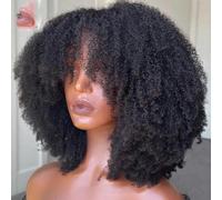 Afro Kinky Curly Wig with Bangs Human Hair Full Machine Made Scalp Top Wig 200 Density Brazilian Short Curly Wigs-24inches-200 Density-Natural Color