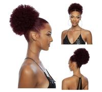 Afro Ponytail Extensions for Black Women 99J Burgundy 100% Human Hair 8 Inch Afro Puff Curly Drawstring Ponytail Bun Short Hair Extension Clip on Ponytail