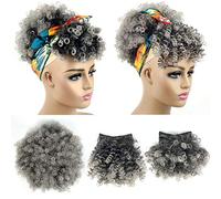 Afro Puff Drawstring Ponytail with Bangs Pineapple Updo Hair for Black Women,Short Kinky Curly Ponytail Bun with 2 Bangs(#1B/GREY)