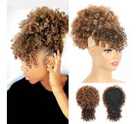 Afro Puff Drawstring Ponytail with Kinky Curly Hair Clip in Bangs Short Ponytail Extension Black Girl Updo Hairpieces for Black Women (T30)