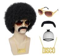 Afro Wig for Men 70s Party 5 Pieces Set (Wig + Glasses + Necklace + Moustache + Wig Cap) 70s Costume for Cosplay Halloween Christmas