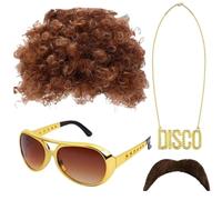 Afro Wig - Funky Hippie Costume Wig with Sunglasses | Necklace Moustache Party Accessories Retro 50s 60s 70s Theme Party Costume Costume Fancy Dress Fun Disco Rest