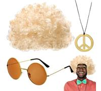 Afro Wig Sunglasses | Hippie Sunglasses and Necklace Men,Includes Afro Wig, Disco Necklace, 50s/60s/70s Themed Party Supplies
