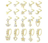 AFSITNIG 20Pcs 20G Dangle Nose Rings for Women Surgical Steel L Shaped Dangling Nose Studs Dainty Nose Ring Hoop Set CZ Heart Flower Butterfly Moon Nose Piercing Jewelry, 20 G, Stainless Steel, cubic