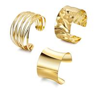 AFSITNIG 3PCS Chunky Cuff Bracelets for Women Irregular Minimalist Statement Bangle Bracelets Set Open Wide Wire Grooved Hammered Bangle Bracelet Gold Sliver Wrist Cuff Wrap Bracelet Adjustable, M, no