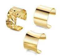 AFSITNIG 3PCS Chunky Cuff Bracelets for Women Irregular Minimalist Statement Bangle Bracelets Set Open Wide Wire Grooved Hammered Bangle Bracelet Gold Sliver Wrist Cuff Wrap Bracelet Adjustable, M, no