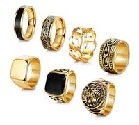 AFSITNIG 7Pcs Stainless Steel Vintage Signet Rings for Men Square Signet Rings Cuban Link Chain Ring Pinky Thumb Celtic Band Spinner Ring Silver Gold Polished Edge Mens Ring Biker Rings Set,Size 8-13