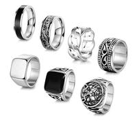 AFSITNIG 7Pcs Stainless Steel Vintage Signet Rings for Men Square Signet Rings Cuban Link Chain Ring Pinky Thumb Celtic Band Spinner Ring Silver Gold Polished Edge Mens Ring Biker Rings Set,Size 8-13