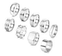 AFSITNIG 9Pcs Stainless Steel Rings for Men Square Signet Ring Pinky Thumb Rings Chunky Thick Cuban Link Chain Ring High Polished Simple Wedding Band Ring for Men Gold/Silver Mens Rings Set, Size 7-13