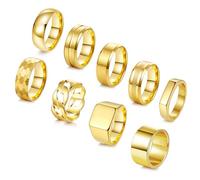 AFSITNIG 9Pcs Stainless Steel Rings for Men Square Signet Ring Pinky Thumb Rings Chunky Thick Cuban Link Chain Ring High Polished Simple Wedding Band Ring for Men Gold/Silver Mens Rings Set, Size 7-13
