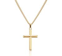 AFSTALR Cross Necklace Men Cross Chain, Beveled Edges Gold Stainless Steel Crucifix Necklaces, Religious Gifts Jewellery for Mens Women 24Inch