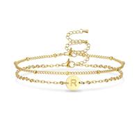 AFSTALR Gold Initial Bracelets for Women Layered Bracelet Disc Letter R Adjustable Bangle 6.3"+2" Personalised Jewelry Girls for Girls Mum Daughter Friends