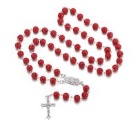 AFSTALR Rosary Necklaces Catholic for Men Women with Rhinestones Red Bead with Virgin Mary and Cross Pendant Prayer Beads Necklace for Baptism Wedding Communion Party