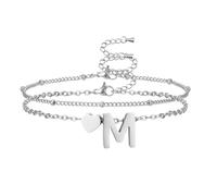 AFSTALR Silver Initial Bracelets for Women Layered Bracelet Letter M with Dainty Heart Pendant Adjustable Bangle 6.3"+2" Personalised Jewelry Girls for Girls Mum Daughter Friends