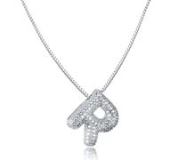 AFSTALR Women's Bubble Letter Chain Gold/Silver Ice Out Balloon Necklace with Initial Pendant Bubble Jewellery 45 + 5 cm, Stainless Steel Silver R