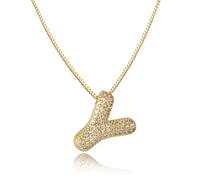 AFSTALR Women's Bubble Letter Chain Gold/Silver Ice Out Balloon Necklace with Initial Pendant Bubble Jewellery 45 + 5 cm, Stainless Steel Gold Y