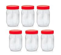 AFSUK Pack of 6 Round 300ml Plastic Storage Jar With Screw Top Lids Red Airtight Food Storage Containers BPA Free For Kitchen, Herb, Spices, Sweets Clear Canister pots