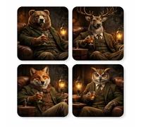 After Hours Collection: The Fireside Coasters Set, Woodland Animals with Whiskey Theme, Cork Backed, 9cm Square, 4 Pack