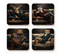 After Hours Collection: The Forest, Woodland Animals Coaster Set, 4 Piece Cork-Backed Coasters, 9cm Square, Deer Wolf Bear Cheetah Design