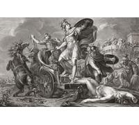 After killing Hector in hand-to-hand combat as revenge for the death of his friend Patroclus Achilles drags Hector's body behind his chariot in front of the walls of Troy. An 18th century depiction of