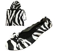 After Party Pumps® Zebra Size UK 3-4 Ladies Roll Up Shoes Fold Up Pumps Foldable with Carrier Pouch