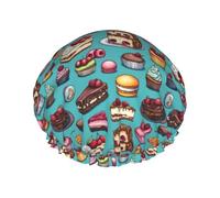 Afternoon Tea Cake Print Shower Caps for Women, Reusable Double Layers Elastic Band Long Hair Bath Caps for Shower