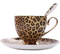 Afternoon Tea Cup Ceramic Mug, Classic Leopard Print Gold-Plated Coffee Cup with Saucer and Spoon, for Home Office Tea Cup, 6.76 Oz 200ml Espresso Cup Cappuccino Cup
