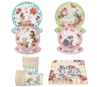 Afternoon Tea Decorations Disposable Paper Plates Napkins Teacups Tea Party Tableware Set for 16 Guests Garden Tea Party Birthday Baby Shower Mother's Day