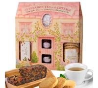 Afternoon Tea Hamper Gift Set - Shortbread with Clotted Cream, Fruit Cake, Raspberry & Blackcurrant Jam, English Breakfast Tea - Traditional Tea Time Hamper, Mothers Day Gift for Mum