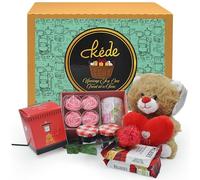 Afternoon Tea Hamper - Luxury Mothers Day Hamper - Teddy Bear With Heart Cushion, 5 Pc Flower Tea Light Candle Set, Chocolate Rose, Shortbread Biscuits and Mini Jams - Mum Birthday Gifts - Love Mom